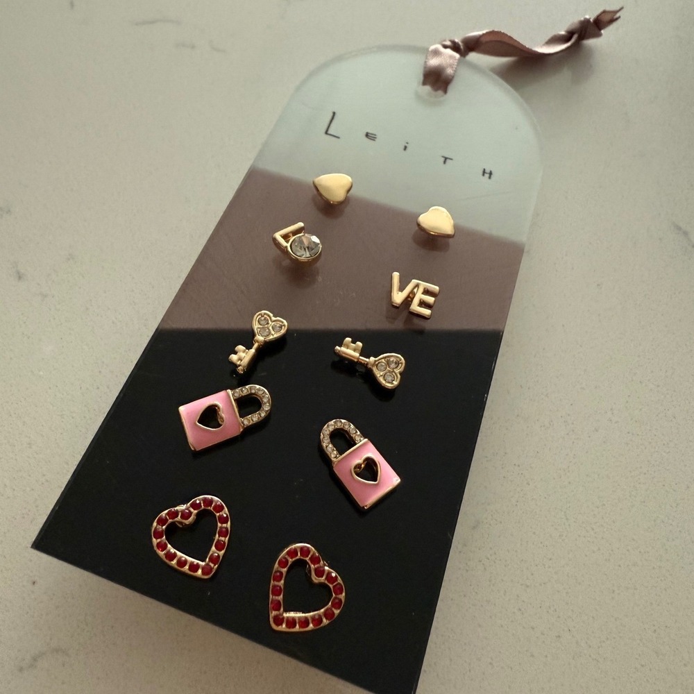 Leith Gold Heart Stud 5Pair Earring Set Love Lock Key Pink Red Valentine Jewelry - Picture 4 of 7